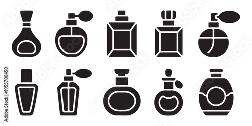 Collection of black perfume bottle icons isolated on white background solid fill style