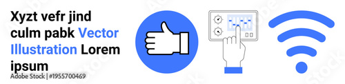Communication, technology, usability, networking, feedback, wireless connectivity. A thumbs-up icon, a touchscreen interface and a wireless symbol. Communication and technology concept