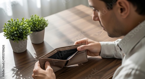A sad man is looking into his completely empty wallet, symbolizing financial difficulties and poverty.