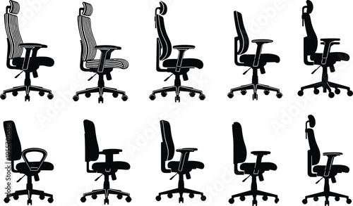 Black office chairs in various positions and white background wheelbase ergonomic