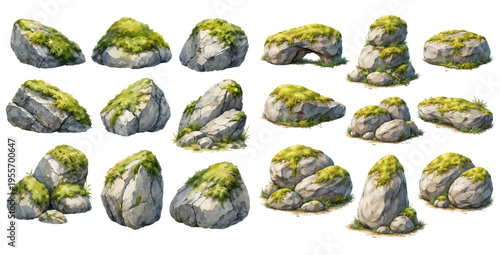 A beautiful collection of watercolor mossy rocks and stones, featuring natural gray boulders covered with soft green moss and grass isolated on a transparent background.