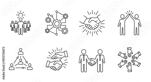 Playful hand drawn doodle collaboration vector set with sketchy group and stars cooperation scene