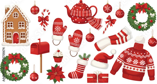 Festive Christmas illustration collection featuring gingerbread house, Santa hat, candy canes, ornaments, wreaths, mittens, socks, sweater, teapot, poinsettia, and holiday gift decorations