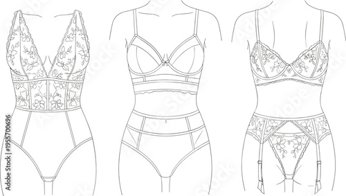 Fashion design sketch of lingerie sets on mannequins featuring bodysuit, bra with panties, and three-piece ensemble with garter belt, lace embroidery garment illustrationv