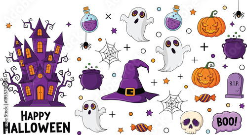 Halloween elements collection with haunted house ghosts pumpkins witch hat potions and spooky holiday illustration set