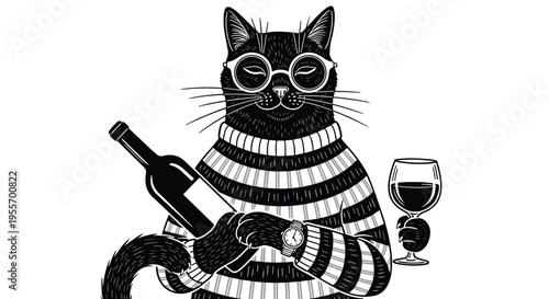Sophisticated woodcut black cat sommelier vector with wine bottle and glass in striped sweater