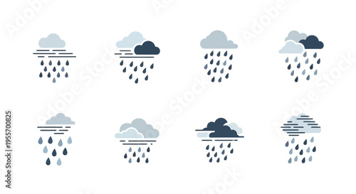 Set of Minimalist Rain and Cloud Weather Icons, Flat Vector Design for Forecast Apps and Web Interfaces