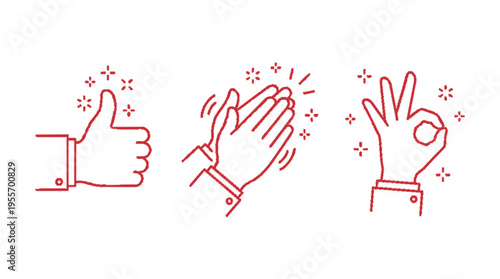Three red line art hand icons showing thumbs up clapping and okay signs with sparkles