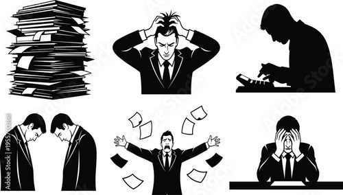Businessmen experiencing stress and frustration at work with paperwork stressed frustrated 1 office