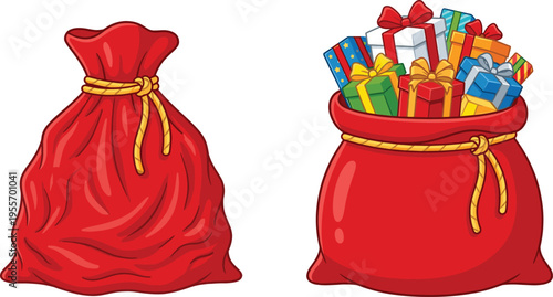 Red Santa gift bag with presents inside and closed sack festive Christmas holiday illustration isolated cartoon vector set