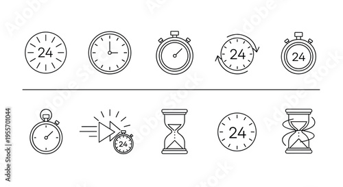 Time management and 24 hour service line icons set with clock stopwatch and hourglass symbols vector