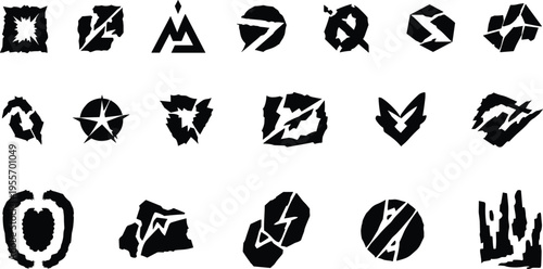 Abstract Grunge Logo Shape Vector Set with Rough Geometric Emblems, Distorted Symbols, and Modern Urban Design Elements for Branding and Creative Projects
