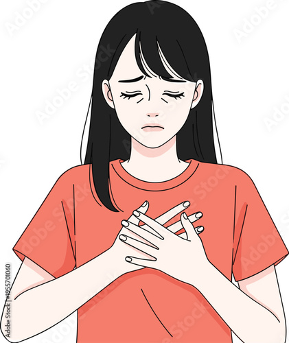 Sad woman holding chest with pain anxiety stress emotional suffering mental health concept illustration design