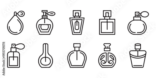 A collection of ten distinctive perfume bottle outlines, illustrating various shapes and dispenser types