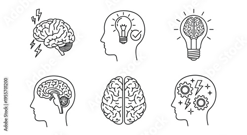 Modern "Mindset" vector line art icon set with anatomical brain gears and growth symbols