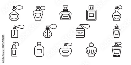 A comprehensive set of fifteen perfume bottle outlines, showing diverse shapes and dispensing methods