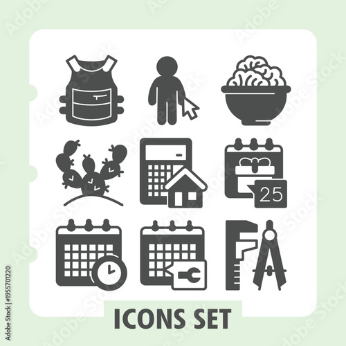 Bulletproof vest for safety, solid icons set showcasing everyday objects and financial symbols on white background. Vector graphics. Set of nine glyph icons.