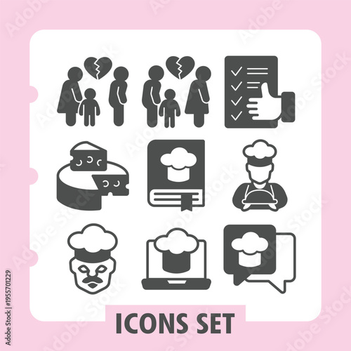 Cheating man and woman, divorce, breakup, solid style icons set depicting relationships work emotions and communication symbols on white background. Vector graphics. Set of nine glyph icons.