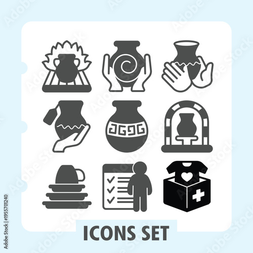 Clay vase, pottery solid icons set showcasing everyday objects and symbols in outline style for apps, websites, and print use on white background. Vector graphics. Set of nine glyph icons.
