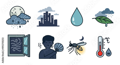Summer Weather and Heatwave Icon Set Featuring Thermometer, Mosquito, Rain, and Humidity Symbols