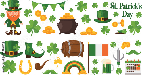 Saint Patricks Day collection with leprechaun clovers pot of gold rainbow beer flag and Irish symbols festive vector illustration set