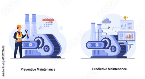 Preventive vs. Predictive Maintenance Illustration. Industry 4.0, IoT, AI, Data Analytics for Smart Factory Operations & Equipment Management.