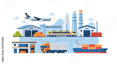 Global Logistics Network Illustration: Integrated Supply Chain with Multimodal Transportation (Air, Sea, Road, Rail Freight)