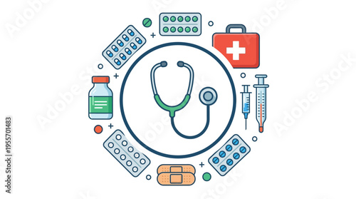 Comprehensive visualization of the Human-Centered Sustainable Healthcare Ecosystem, featuring essential medical supplies and equipment for modern health service and wellness support