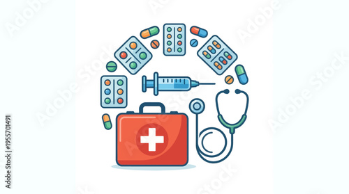 Comprehensive collection of medical supplies and tools symbolizing a Human-Centered Sustainable Healthcare Ecosystem, focused on wellness and patient care through accessible resources