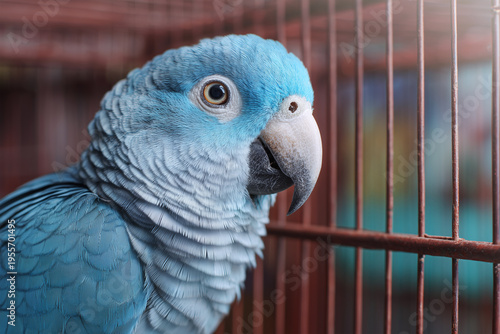 Blue parrot sits inside cage at pet store in the afternoon