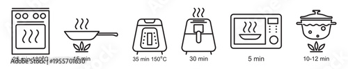 Cooking time icons for appliances isolated on transparent background. Set of linear symbols with temperature and timer indicators. Instructions for kitchen appliances, baking, cooking process design.