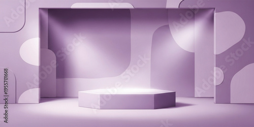Abstract Purple Podium Stage Background with Geometric Shapes and Soft Lighting, Minimal Product Display Scene for Branding and Presentation Design