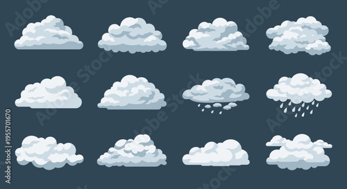 Set of Cartoon Cloud Icons and Weather Vector Elements with Rain Drops on Dark Background