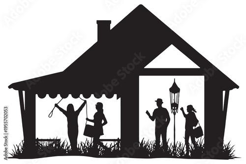 A simple black and white illustration of a house with a chimney and plants