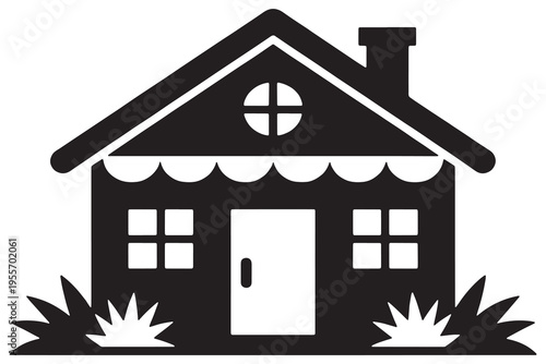 A simple black and white illustration of a house with a chimney and plants