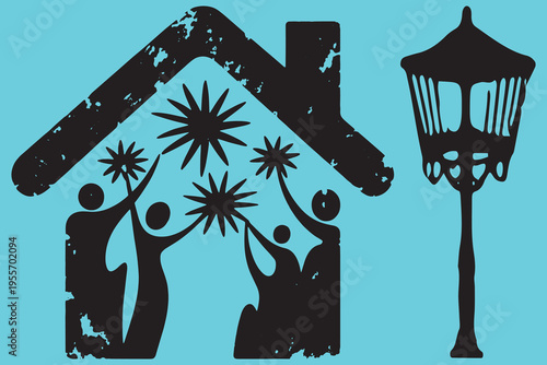 A simple black and white illustration of a house with a chimney and plants