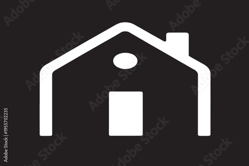 A simple black and white illustration of a house with a chimney and plants