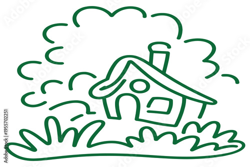 A simple black and white illustration of a house with a chimney and plants