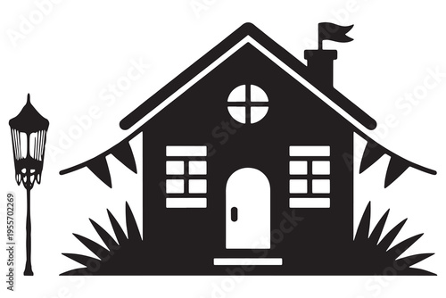 A simple black and white illustration of a house with a chimney and plants
