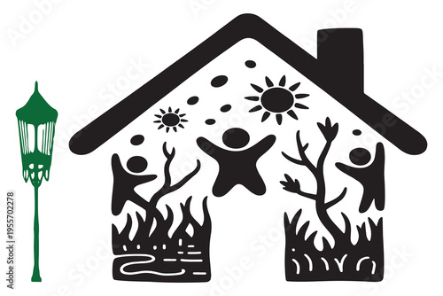 A simple black and white illustration of a house with a chimney and plants