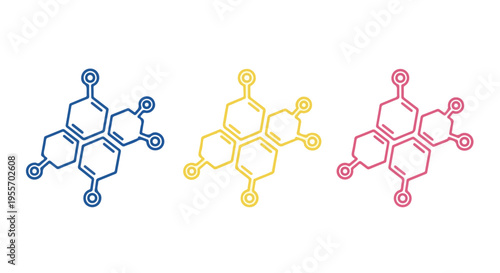 Three colorful molecular structures in blue, yellow, and pink, arranged horizontally on a white background with a flat lay composition.