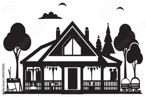 A simple black and white illustration of a house with a chimney and plants