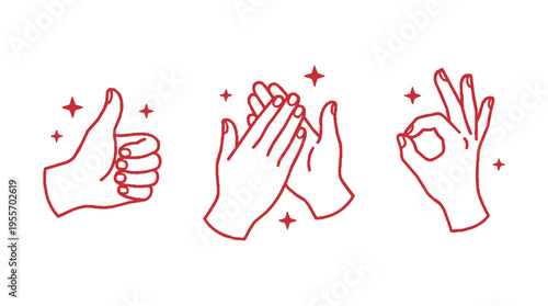 Red line art hands showing thumbs up clapping and ok gestures with star accents