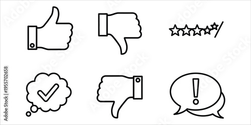 A set of six black and white line drawing icons for feedback and ratings