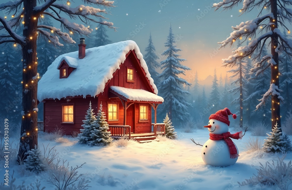Obraz premium Cozy red cabin with snow-covered roof sits in a winter forest. A friendly snowman with scarf and hat stands nearby. Lights twinkle on trees creating magical holiday atmosphere for Christmas.
