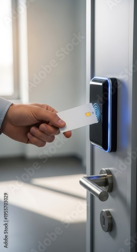 Man unlocking door with proximity card. Digital electronic lock with contactless reader for secure office access. Innovative security technology for building entry and credentials.