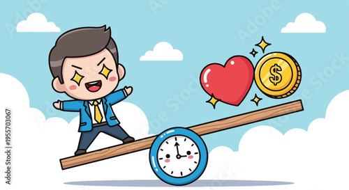 A cartoon businessman balances on a seesaw with a clock, heart, and coin, conveying a sense of difficult choices in a whimsical office setting with a mix of warm and cool tones.