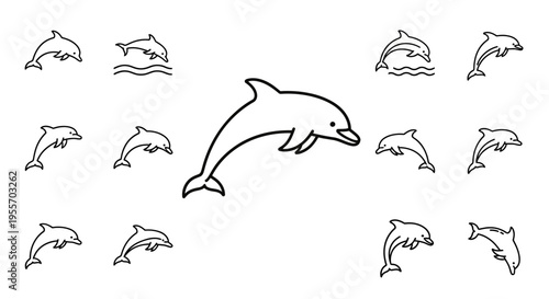 Dolphin jumping out of water illustration.