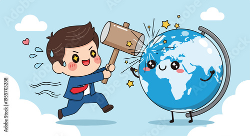 Cartoon illustration of a determined businessman hitting a smiling globe with a large hammer, surrounded by dynamic visual effects, against a light blue sky with white clouds.