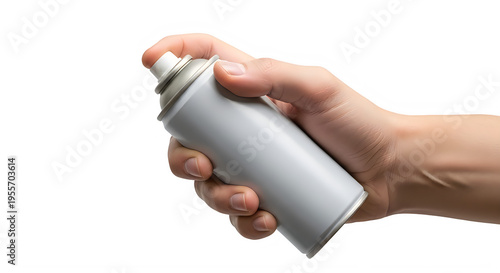 Hand holding gray spray can transparent background
